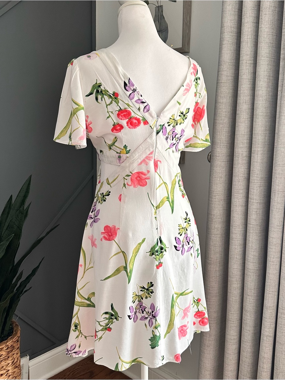 LOFT White Floral Wrap-Style Mini Dress with Pink & Green Print - Picture 6 of 8